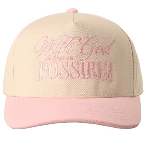 MIRMARU Christian Theme 5 Panel Embroidered Cotton Trucker Hat with Inspirational Faith Sayings for Men and Women - color: With God All Possible, Light Pink