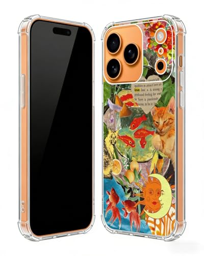 Orange Cat Goldfish Art Phone Case Compatible with iPhone 17 Pro Max, Hippie Funky Phone Cover for iPhone 17 Pro Max - color: Cat and Goldfish