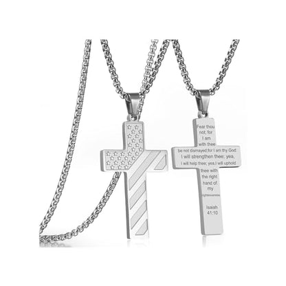 RWQIAN American Flag Cross Necklace for Men Bible Verse, Christian Religious Scriptures Faith Baptism 1st First Communion Pendant Chain for Boys, Fathers Dad Day Graduation Jewelry Gifts for Him - color: Silver, style: Isaiah 41-10