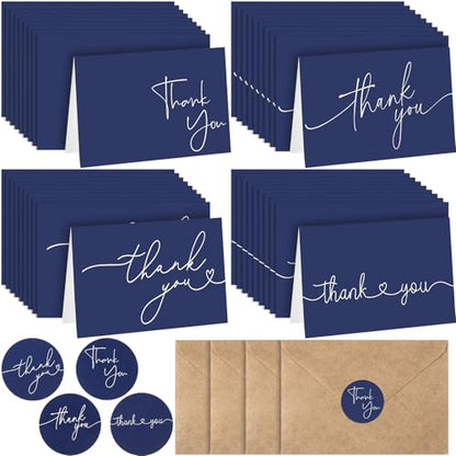 Teling 200 Set Thank You Cards with Envelopes Bulk, 6 x 4 Inch Blank Thank U Greeting Notes with Brown Kraft Envelopes Stickers Thankyou Card Set for Graduation Wedding Birthday Baby Shower(Navy Blue) - color: Navy Blue