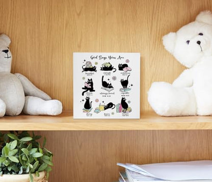 EIONEY Cute Black Cat Office Desk Decor,God Says You Are Wooden Box Sign