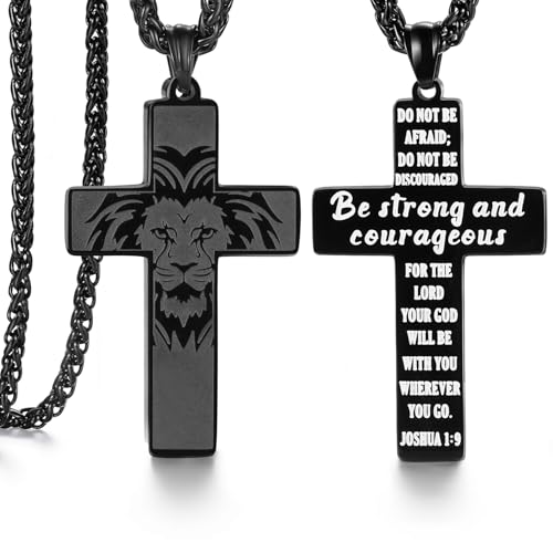 SAM & LORI Strength and Faith Gifts for Him-Masculine Cross Necklace-Bold Lion Head and Cross Design-Inspiring Message Engraved (18-24 inches) - style: 18"-20" Be strong and courageous...