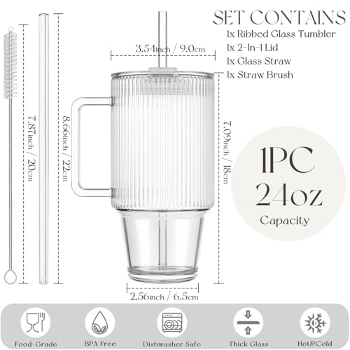 KEMORELA 24oz Ribbed Glass Cup with Lid & Straw,Iced Coffee Cup with Handle - color: 24oz--Ribbed