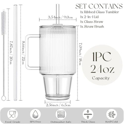 KEMORELA 24oz Ribbed Glass Cup with Lid & Straw,Iced Coffee Cup with Handle - color: 24oz--Ribbed