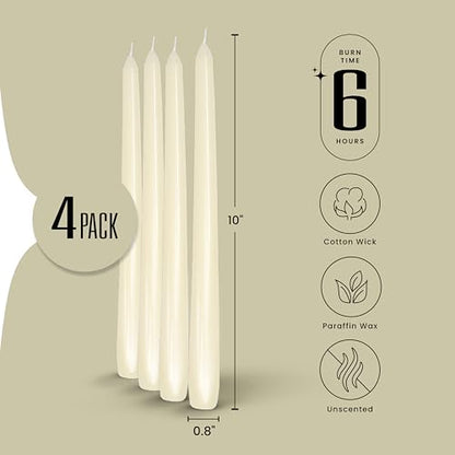 Leor & Lair Ivory Taper Candles - 4 Pack 10" Cream Candlesticks, - color: Ivory