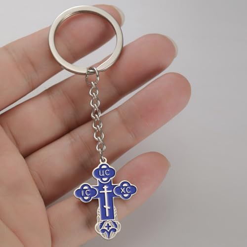 TEAMER Cross Keychain Russian Orthodox Crucifix Eastern Church Keychain Religious Christian Prayer Jewelry for Men Women - color: Blue Silver