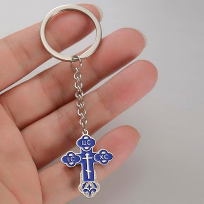 TEAMER Cross Keychain Russian Orthodox Crucifix Eastern Church Keychain Religious Christian Prayer Jewelry for Men Women - color: Blue Silver