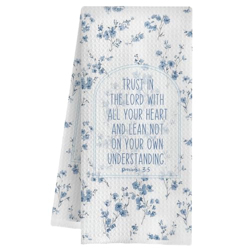 Chinoiserie Christian Floral Kitchen Towels, Christian Faith Gifts Dish Tea Towels, Trust in the Lord with All Your Heart Bible Decorative Hand Towel for Kitchen Bathroom, 16x24 Inch - color: Chinoiserie