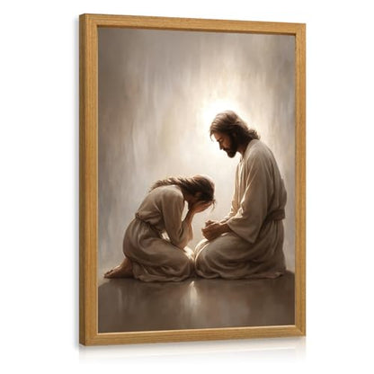 FASWQ Wood Framed Jesus Comforting Woman Christian Wall Art 16x24 in - color: JesusConfession(Wood), size: 24"L x 16"W