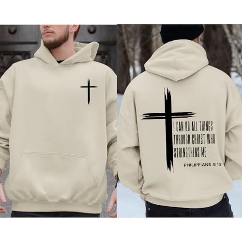 Tuislay Mens I Can Do All Things Through Christ Hoodies Christian Jesus Hoodie Religious Cross Sweatshirt Faith Pullover Tops - color: Apricot, size: X-Large