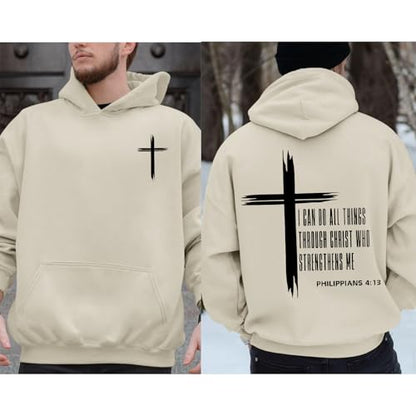 Tuislay Mens I Can Do All Things Through Christ Hoodies Christian Jesus Hoodie Religious Cross Sweatshirt Faith Pullover Tops - color: Apricot, size: X-Large