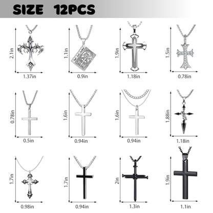 ywevyezc 12/24PCS Cross Necklace for Men, Mens Necklaces Jewelry Set Silver Chain Stainless Steel Cross Pendant Goth Necklace for Boys 16-24 inches Chain - style: 12pcs Men's Necklace