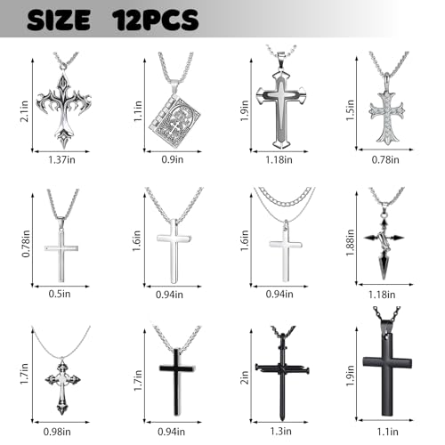 ywevyezc 12/24PCS Cross Necklace for Men, Mens Necklaces Jewelry Set Silver Chain Stainless Steel Cross Pendant Goth Necklace for Boys 16-24 inches Chain - style: 12pcs Men's Necklace