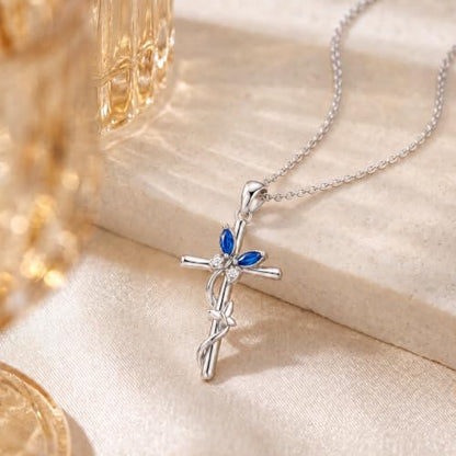 Distance Cross Necklace for Women 925 Sterling Silver Jewelry Pendant Necklace for Mom Wife Gift for Mother's Day or Birthday - style: 09-Sapphire