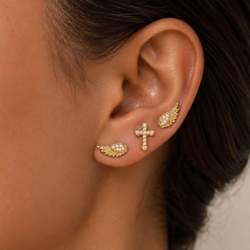 Angel Wing Stud Earrings for Women Crystal Cross Screw Back Wings Earrings Piercing Jewelry - color: 3pcs Gold