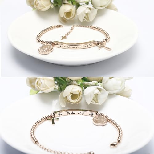 DS Women Christian Charm Bracelet,Cross Scripture Stainless Steel Jewelry - style: God is Within Her She Will Not Fall-Rose Gold