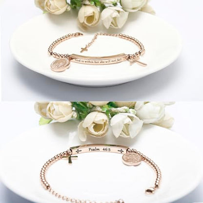 DS Women Christian Charm Bracelet,Cross Scripture Stainless Steel Jewelry - style: God is Within Her She Will Not Fall-Rose Gold