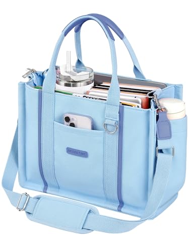 BESBESME Women’s Canvas Tote Bag with Zipper and Compartments – Multi-Pocket Laptop Work Crossbody Shoulder Tote Purse - color: Light Blue, size: Large, style: Built-in Organizer