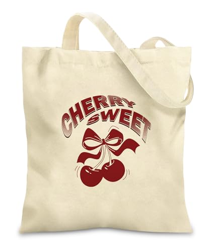 Women's Canvas Tote Bags with Inner Pockets & Metal Snap, Reusable Tote Bag for Girl's Vacation Travel Gym Shopping - color: Cherry 1