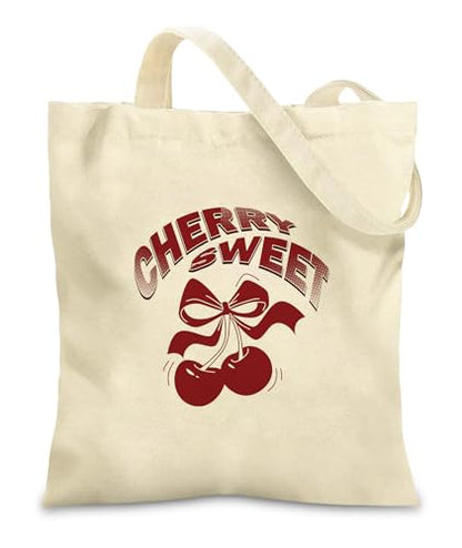 Women's Canvas Tote Bags with Inner Pockets & Metal Snap, Reusable Tote Bag for Girl's Vacation Travel Gym Shopping - color: Cherry 1