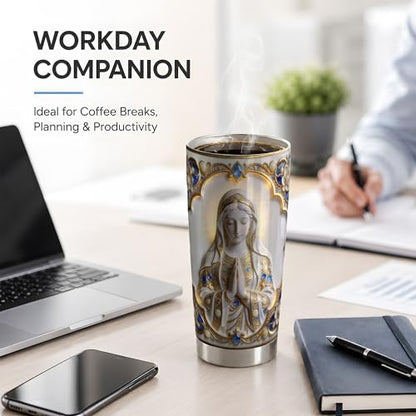 Virgin Mary Ornate Jewel Art 20oz Tumbler, Virgin Mary Tumbler for Daily Drinkware, White Gold Prayer Statue Illustration, Catholic Devotional Cup, Religious Design for Women Men - color: Virgin Mary 2