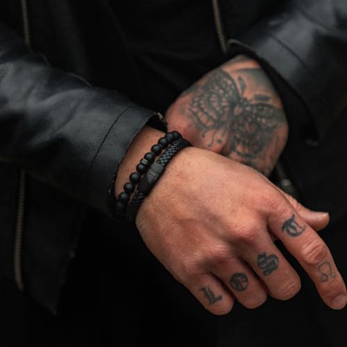 LUXAR Men’s Bracelet - Genuine Black Leather Bracelet with Stainless Steel Clasp or 8mm Matte Black Onyx Stone Bead Bracelet - Minimalist Designer Jewelry for Men - color: Black, size: Large