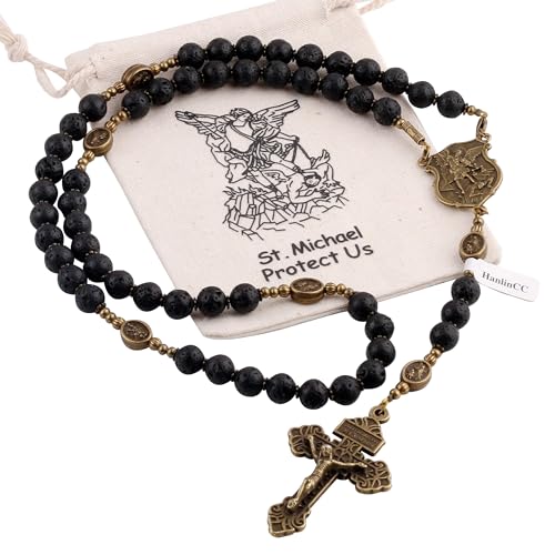 HanlinCC Black Lave Stone Beads Saint Michael Catholic Rosary Necklace with Gift Bag - color: Anti-Bronze