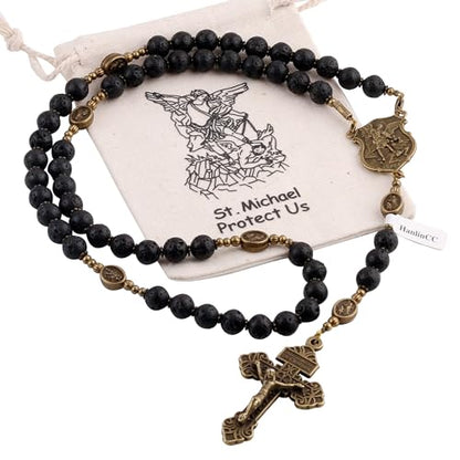 HanlinCC Black Lave Stone Beads Saint Michael Catholic Rosary Necklace with Gift Bag - color: Anti-Bronze