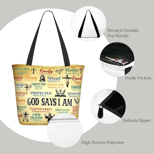 Christian Gifts Reusable Shopping Tote Bag Zippered Inspirational Tote Bags for Women Bible Verse Shoulder Bag - color: God Says I Am