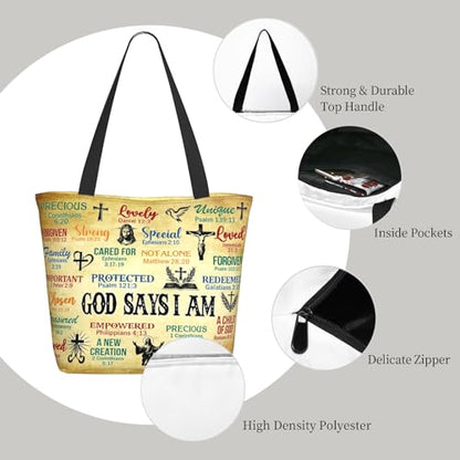 Christian Gifts Reusable Shopping Tote Bag Zippered Inspirational Tote Bags for Women Bible Verse Shoulder Bag - color: God Says I Am