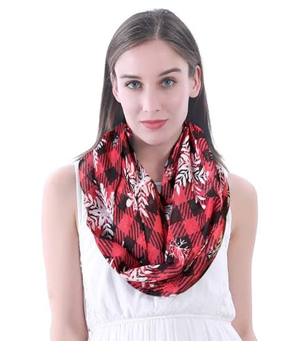 Lina & Lily Holiday Christmas Pattern Print Women's Infinity Scarf Lightweight - color: Red Black White, Xmas Snowflake Plaid