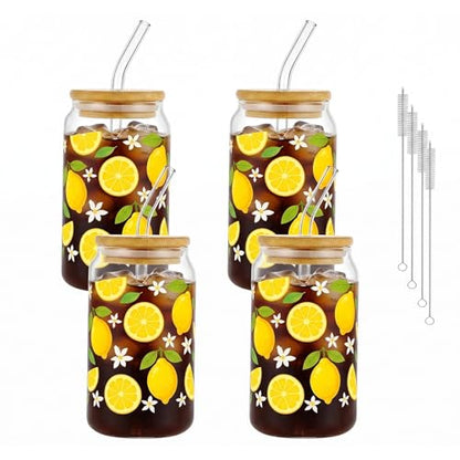 Glass Cups with Lids and Straws, 4Pack, 16oz, Summer - color: Lemon