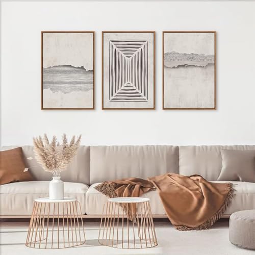 CHDITB Abstract Modern Framed Canvas Wall Art Set, Geometric Line Textured Wall Decor, Minimalist Neutral Wall Painting, Beige Black Art Prints for Living Room, Bedroom, Office - Large Size 16"x24"x3 - color: Abstract Line, size: 16"L x 24"W