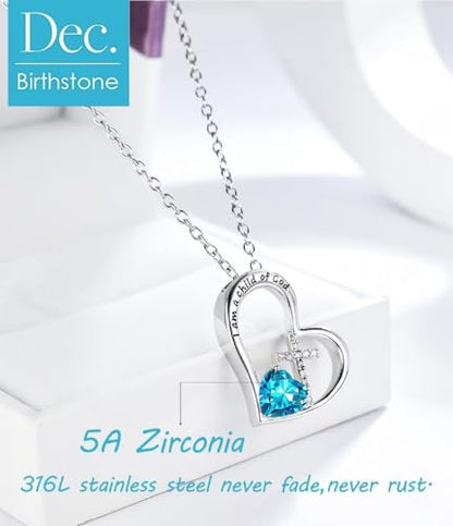 Birthstone Cross Necklace for Girls, Child of God Cross Gifts Jewelry - color: 12. December, style: 01. Silver