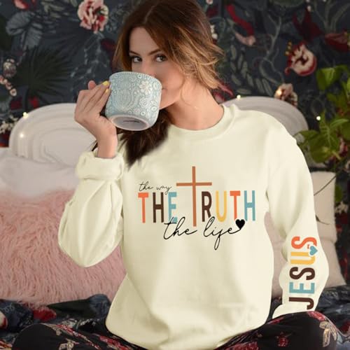 Tuislay Christian Sweatshirt Womens Jesus God Pullover Bible Verse Crewneck Sweatshirts Religious Cross Graphic Shirts - color: Apricot, size: XX-Large