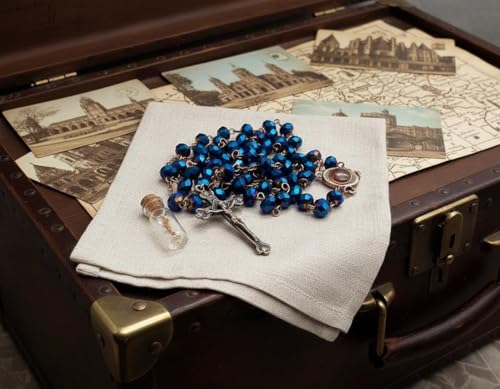 Nazareth Store Deep Blue Crystal Beads Rosary Necklace Catholic Prayer Jerusalem Holy Soil Medal Cross Antique Religious Rosaries Beads Collection