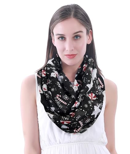 Lina & Lily Holiday Christmas Pattern Print Women's Infinity Scarf Lightweight - color: Black White Red, Snowman Snowflake Star