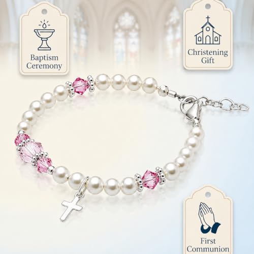 Baptism Bracelets | Cross Charm | Baby Pink Crystal & White Pearl Bracelet - style: 2-6 Years - 5.25" Adjustable