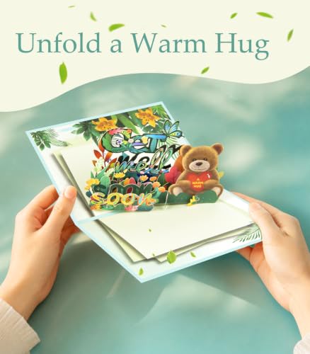 Magic Ants 3D Get Well Soon Pop-Up Card with BrownBear, Cheerful Flowers, and Butterflies | Uplifting Recovery Greeting Card for Kids, Adults, and Seniors | Personalised Note & Envelope Included - color: Flowers Butterflies