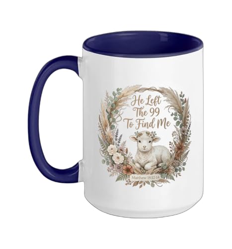He Left the 99 to Find Me Christian Lamb Bible Verse Matthew Ceramic Mug, Dark Blue/White, 15oz - color: Dark Blue/White, size: 15 Ounces