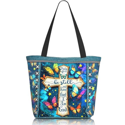 Bible Tote Bags for Women Christian Tote Bag Church Shoulder Bag Inspirational Bags With Zipper Christian Gift - color: Be Still and Know That I Am God 3