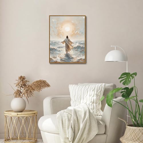 Jesus Walking on Water Sunlight Framed Canvas Wall Art 12x16 inch - color: Sunlight, size: 12"x16" Natural