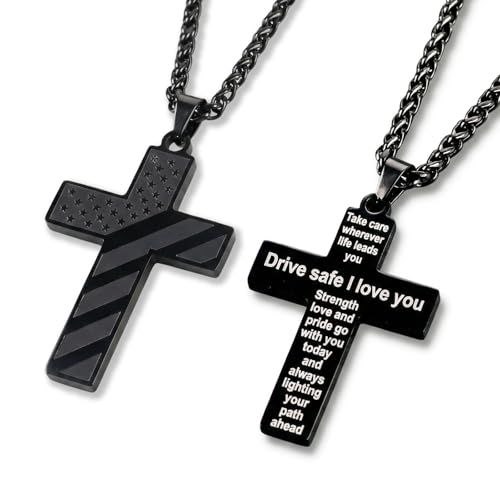 Cross Pendant for Car Rearview Mirror Hanging, Stainless Steel Cross with Drive Safe Message, Meaningful Car Charm Gift for Drivers and Loved Ones (Black) - color: Black
