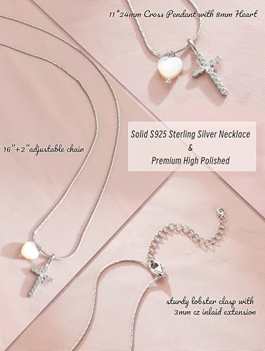 S925 Sterling Silver Cross Necklace for Girls, Baptism First Communion Confirmation Gifts, Pearl Heart Pendant Necklaces, Back to School Graduation Easter Birthday Faith Gift Age: Over 8 Years Old - style: Heart Cross Silver
