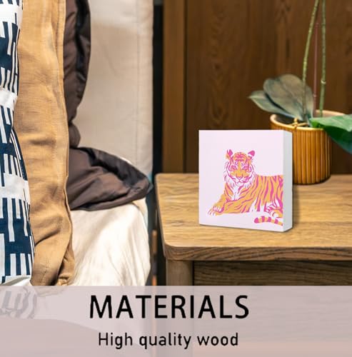 Preppy Pink and Orange Tiger Wooden Box Sign, Funky Y2K Tiger Wild Animal Wood Signs for Girls Room Dorm Apartment Home Desk Table Shelf Decoration, 5x5 Inch - color: Pink Tiger