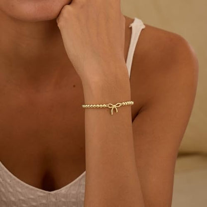 Beaded Bracelets for Women 14K Silver Gold Plated Stretch Handmade Ball Bracelets Cute Charm Bracelet Dainty Stackable Cross Heart Bow Wave CZ Circle Trendy Jewelry Easter Gifts - color: Gold-7