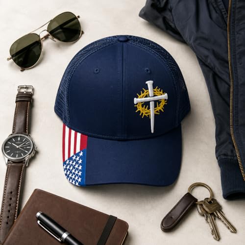 Christian Cross Baseball Cap for Men, American Flag - color: Navy Blue