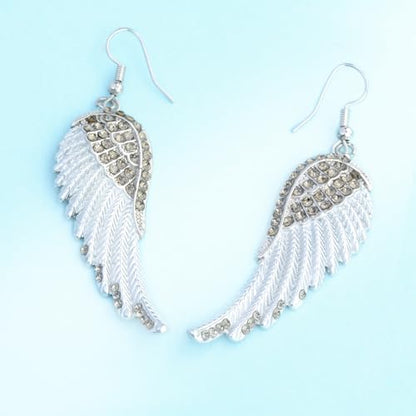 Angel Wings Dangle Earrings for Women Unique Rhinestones Copper Fairy Feather Guardian Dangle Drop Hook Womens Dangling Earrings Silver Plated Jewelry