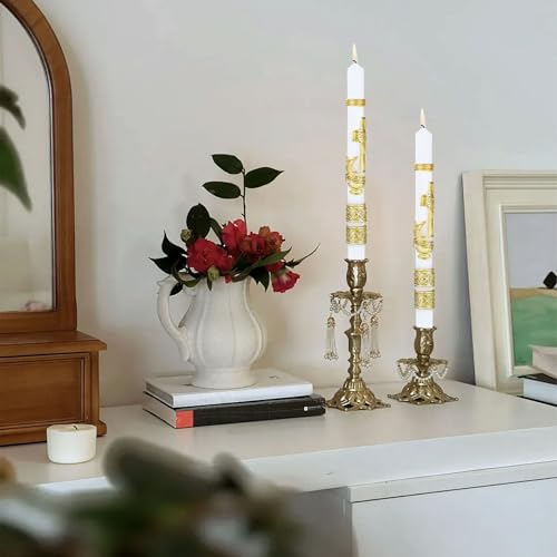 Catholic Baptism Candle - Baptismal Candle for Boys and Girls - Velas para Bautizo - White, Religious Symbols, Long Burning - color: Gold Candle