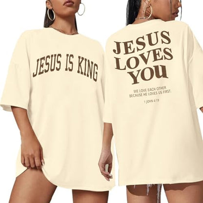 Christian Shirt Women Oversized Jesus Tshirt Jesus Love You Shirts Jesus Faith Tops Bible Verse Inspirational Tee - color: Apricot, size: Large